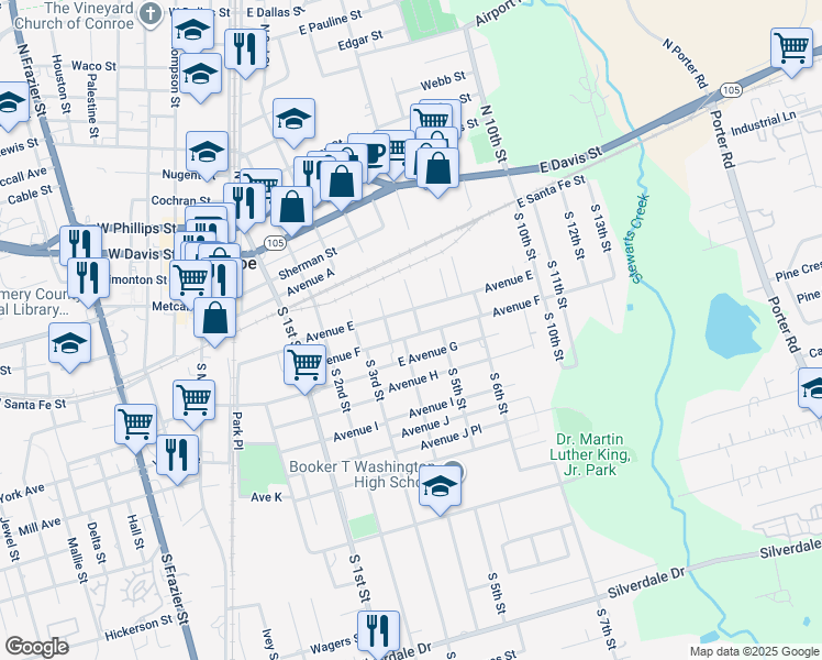 map of restaurants, bars, coffee shops, grocery stores, and more near 308 Booker T Washington Street in Conroe