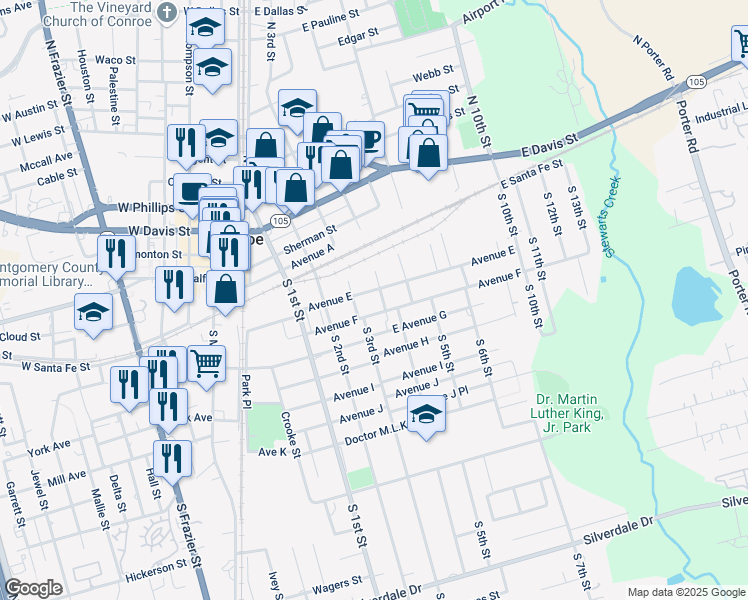 map of restaurants, bars, coffee shops, grocery stores, and more near 308 Booker T Washington Street in Conroe