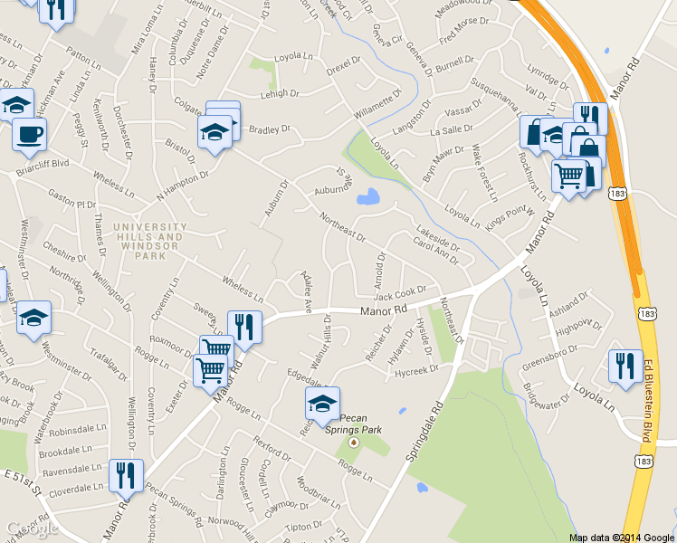 map of restaurants, bars, coffee shops, grocery stores, and more near 6200 Manor Road in Austin