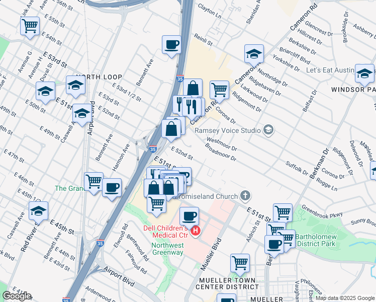 map of restaurants, bars, coffee shops, grocery stores, and more near 1207 East 52nd Street in Austin