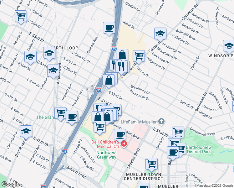 map of restaurants, bars, coffee shops, grocery stores, and more near 1207 East 52nd Street in Austin