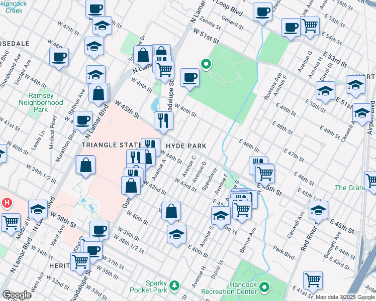 map of restaurants, bars, coffee shops, grocery stores, and more near in Austin