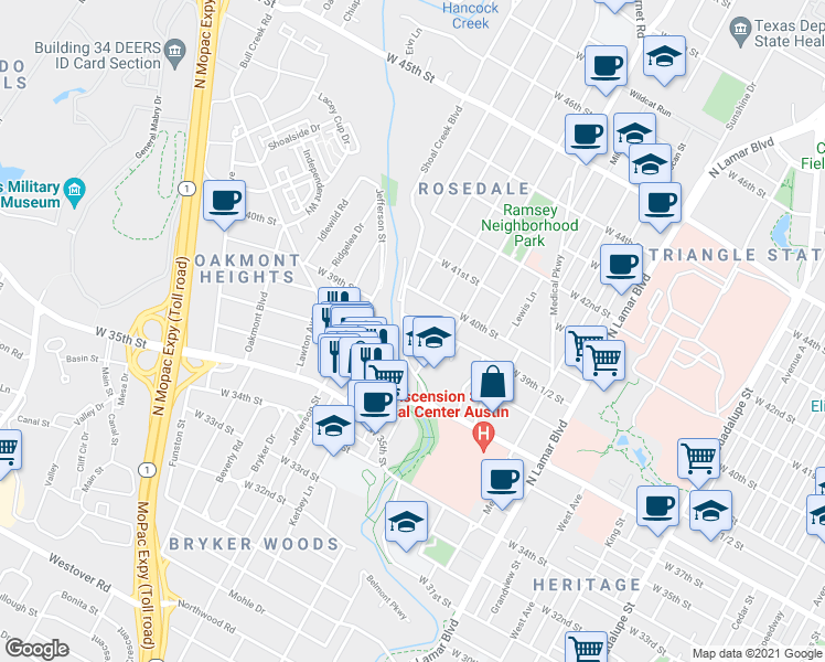 map of restaurants, bars, coffee shops, grocery stores, and more near 1509 West 39th 1/2 Street in Austin