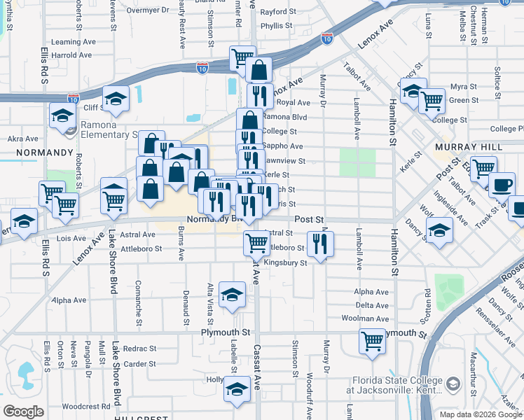 map of restaurants, bars, coffee shops, grocery stores, and more near 4842 Post Street in Jacksonville
