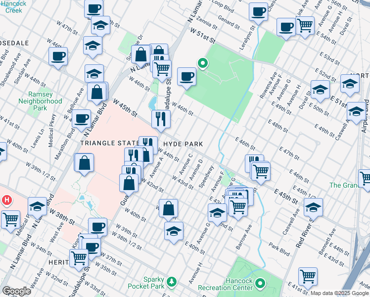 map of restaurants, bars, coffee shops, grocery stores, and more near 4415 Avenue B in Austin
