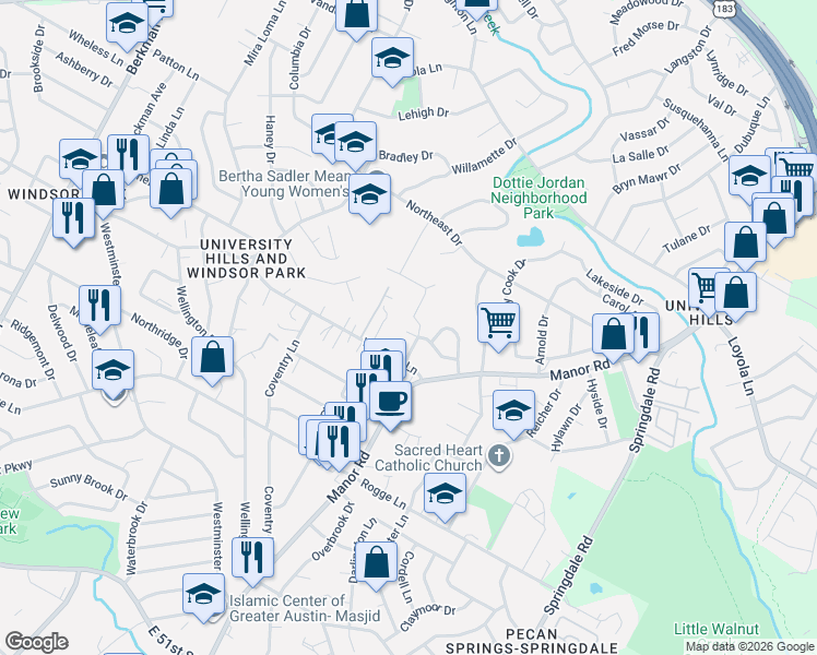 map of restaurants, bars, coffee shops, grocery stores, and more near 6116 Friendswood Drive in Austin