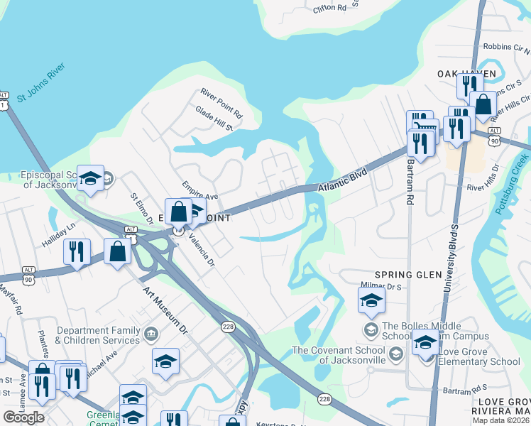 map of restaurants, bars, coffee shops, grocery stores, and more near 1644 Jork Road in Jacksonville