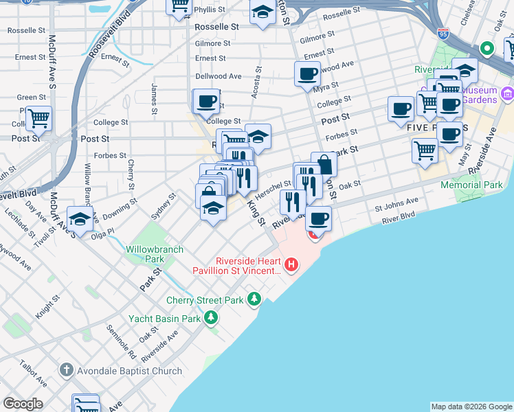 map of restaurants, bars, coffee shops, grocery stores, and more near 2715 Oak Street in Jacksonville