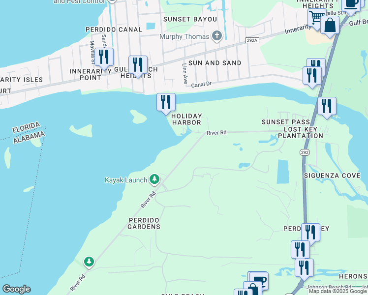 map of restaurants, bars, coffee shops, grocery stores, and more near 14116 River Road in Pensacola