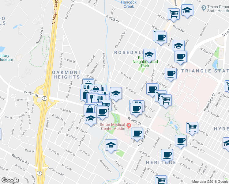 map of restaurants, bars, coffee shops, grocery stores, and more near 1603 West 39th 1/2 Street in Austin