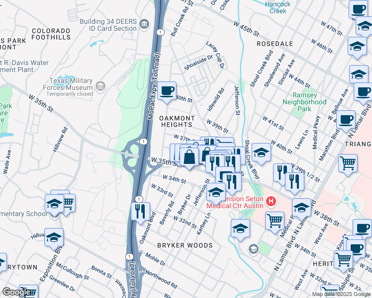 map of restaurants, bars, coffee shops, grocery stores, and more near 1818 West 36th Street in Austin