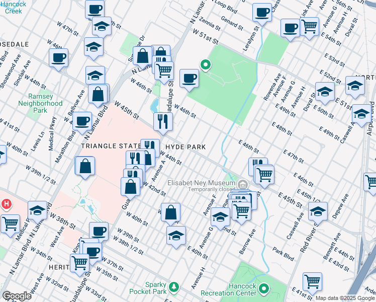 map of restaurants, bars, coffee shops, grocery stores, and more near 4415 Avenue B in Austin