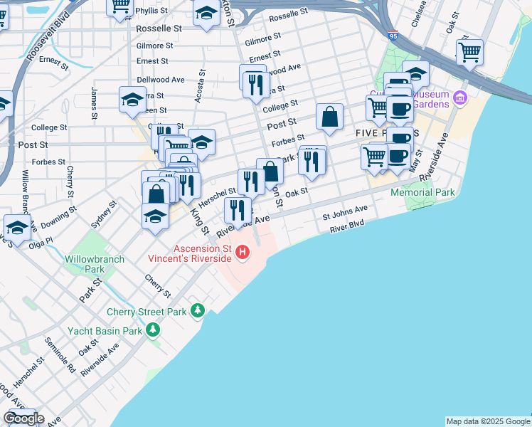 map of restaurants, bars, coffee shops, grocery stores, and more near 1750 Stockton Street in Jacksonville