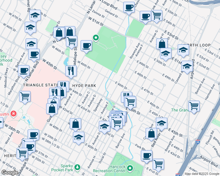 map of restaurants, bars, coffee shops, grocery stores, and more near 4505 Speedway in Austin