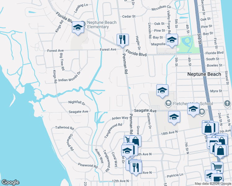 map of restaurants, bars, coffee shops, grocery stores, and more near 1840 Twelve Oaks Lane East in Neptune Beach