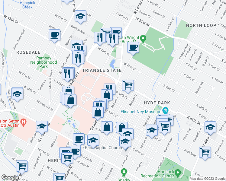 map of restaurants, bars, coffee shops, grocery stores, and more near Guadalupe St & W 44th St in Austin