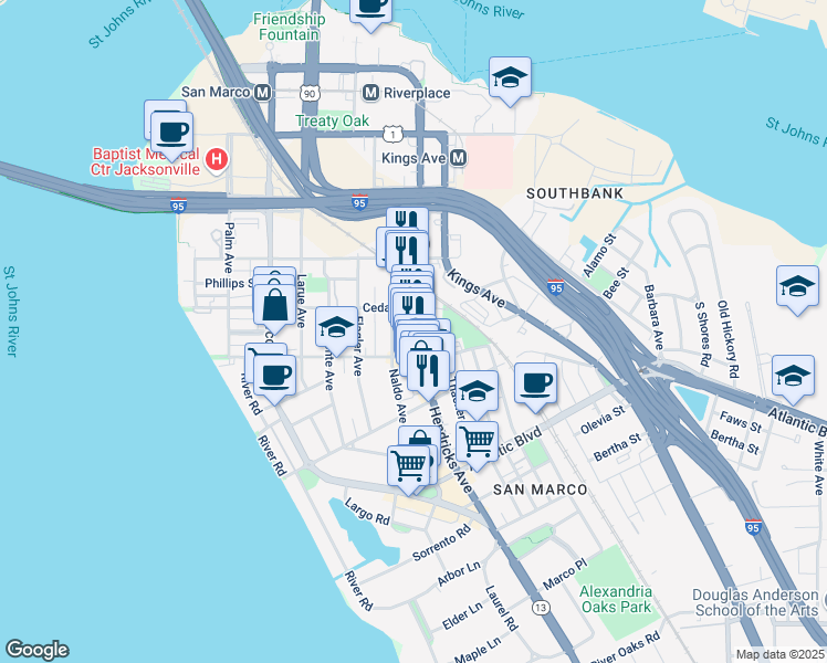 map of restaurants, bars, coffee shops, grocery stores, and more near 1415 Lasalle Street in Jacksonville