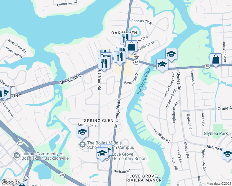 map of restaurants, bars, coffee shops, grocery stores, and more near 1860 University Boulevard South in Jacksonville