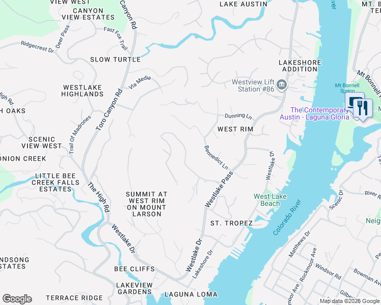 map of restaurants, bars, coffee shops, grocery stores, and more near 4240 River Garden Trail in Austin