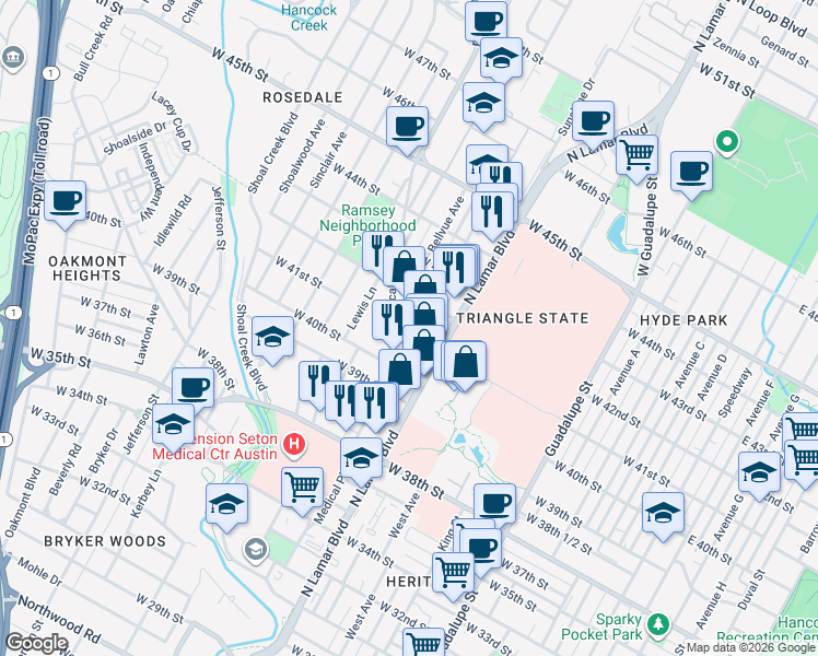 map of restaurants, bars, coffee shops, grocery stores, and more near 1005 West 41st Street in Austin