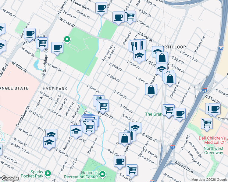 map of restaurants, bars, coffee shops, grocery stores, and more near Duval Street & East 47th Street in Austin