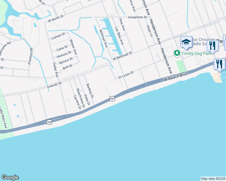 map of restaurants, bars, coffee shops, grocery stores, and more near 1-19 Jackson Ave in Pass Christian