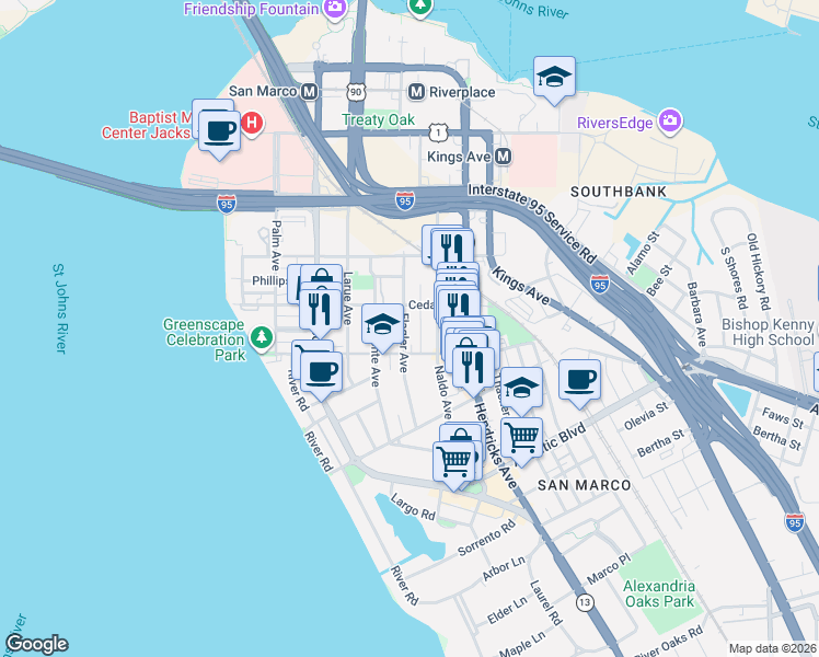 map of restaurants, bars, coffee shops, grocery stores, and more near 1305 Lasalle Street in Jacksonville