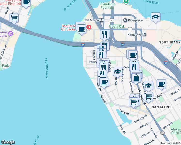 map of restaurants, bars, coffee shops, grocery stores, and more near 800 Lasalle Street in Jacksonville