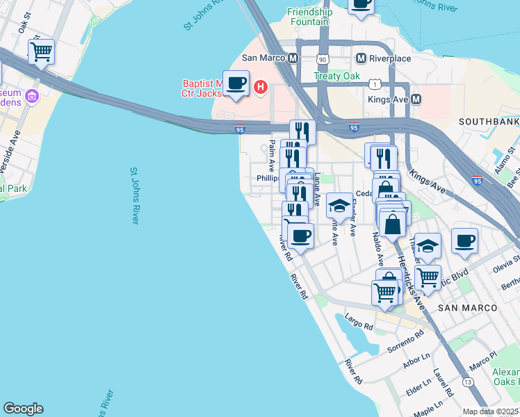 map of restaurants, bars, coffee shops, grocery stores, and more near 800 Lasalle Street in Jacksonville