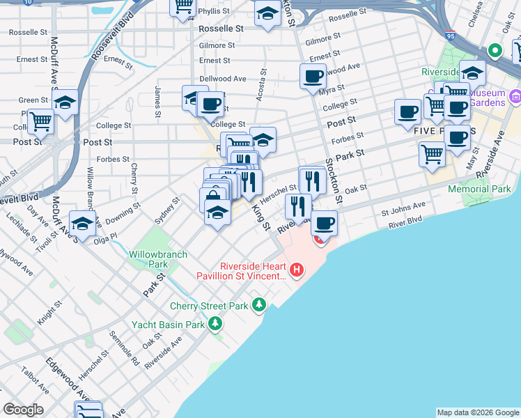 map of restaurants, bars, coffee shops, grocery stores, and more near 2715 Oak Street in Jacksonville