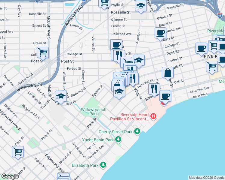 map of restaurants, bars, coffee shops, grocery stores, and more near 2795 Park Street in Jacksonville