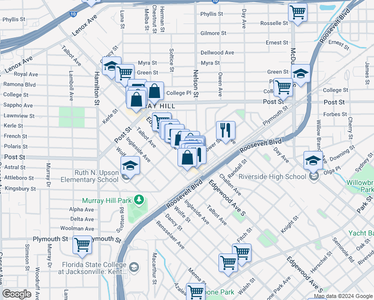 map of restaurants, bars, coffee shops, grocery stores, and more near 3443 Mayflower Street in Jacksonville