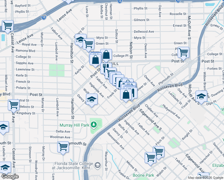 map of restaurants, bars, coffee shops, grocery stores, and more near 3619 Trask Street in Jacksonville