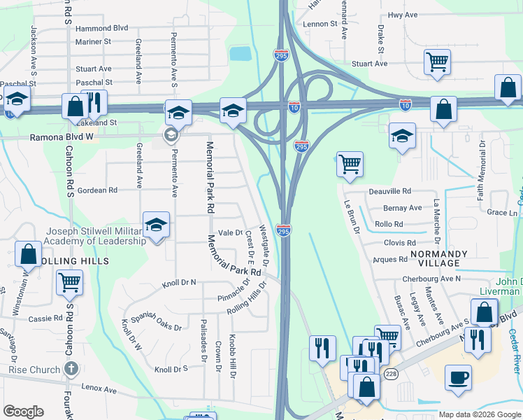 map of restaurants, bars, coffee shops, grocery stores, and more near 893 Crest Drive East in Jacksonville