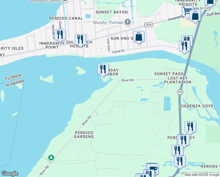 map of restaurants, bars, coffee shops, grocery stores, and more near 14116 River Road in Pensacola