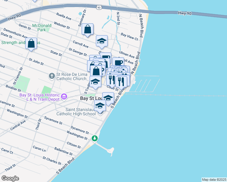map of restaurants, bars, coffee shops, grocery stores, and more near 206 South Beach Boulevard in Bay St. Louis