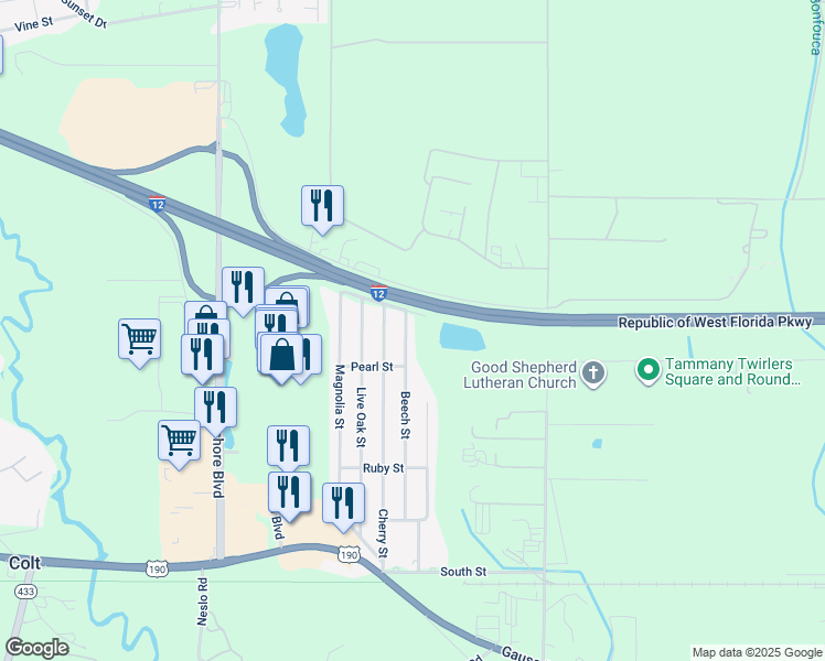 map of restaurants, bars, coffee shops, grocery stores, and more near 1604 Beech Street in Slidell