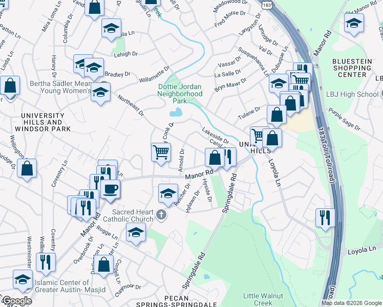map of restaurants, bars, coffee shops, grocery stores, and more near 63 Vioitha Drive in Austin
