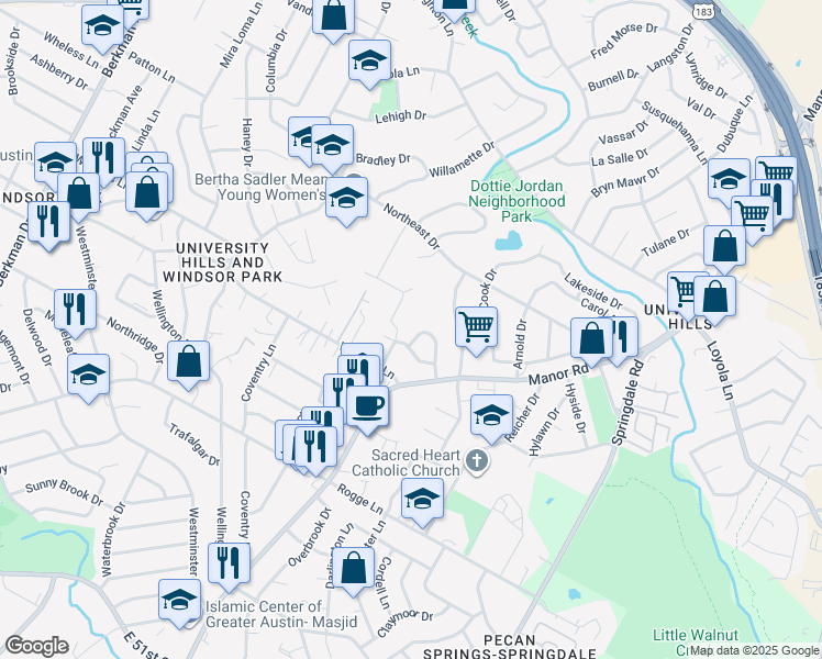 map of restaurants, bars, coffee shops, grocery stores, and more near 6109 Friendswood Drive in Austin