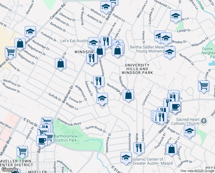 map of restaurants, bars, coffee shops, grocery stores, and more near 5602 Westminster Drive in Austin