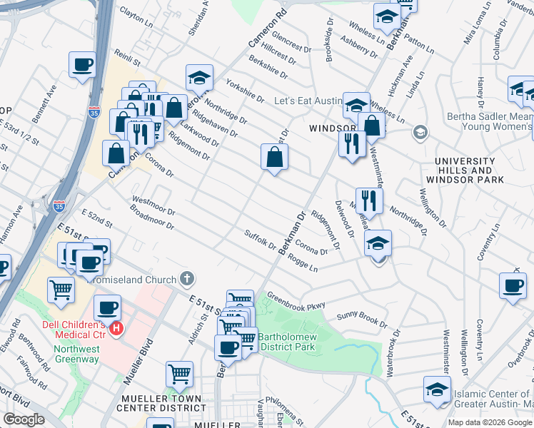 map of restaurants, bars, coffee shops, grocery stores, and more near 1511 Corona Drive in Austin