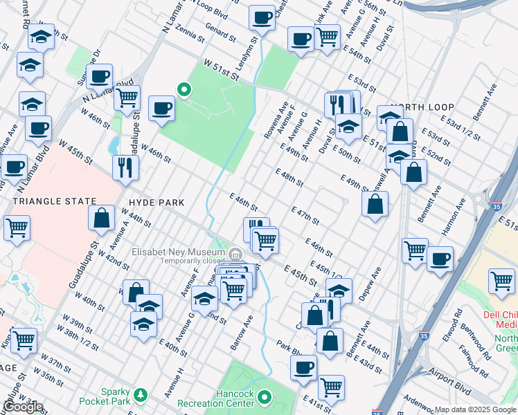 map of restaurants, bars, coffee shops, grocery stores, and more near 4522 Avenue H in Austin