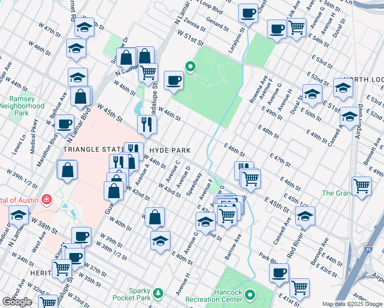 map of restaurants, bars, coffee shops, grocery stores, and more near 4414 Avenue D in Austin