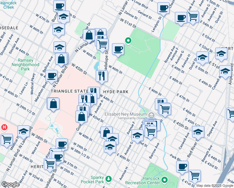 map of restaurants, bars, coffee shops, grocery stores, and more near in Austin