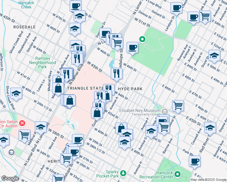map of restaurants, bars, coffee shops, grocery stores, and more near in Austin