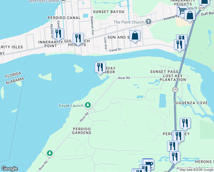 map of restaurants, bars, coffee shops, grocery stores, and more near 14116 River Road in Pensacola