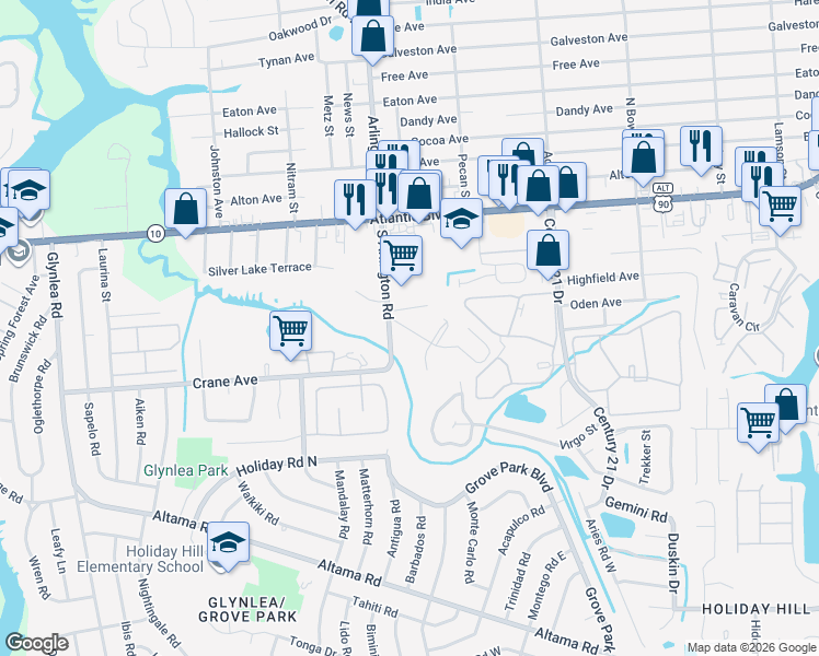 map of restaurants, bars, coffee shops, grocery stores, and more near 272 Aralia Lane in Jacksonville