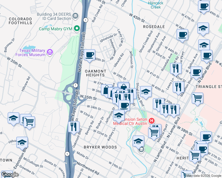 map of restaurants, bars, coffee shops, grocery stores, and more near 1801 West 37th Street in Austin