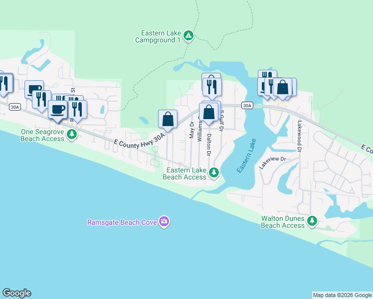 map of restaurants, bars, coffee shops, grocery stores, and more near 247 May Drive in Santa Rosa Beach