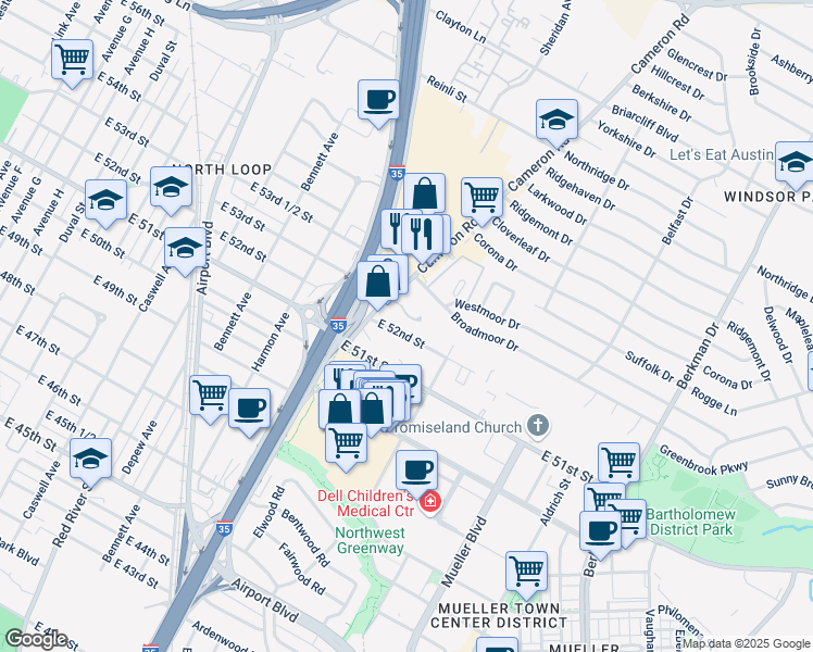 map of restaurants, bars, coffee shops, grocery stores, and more near 1207 East 52nd Street in Austin